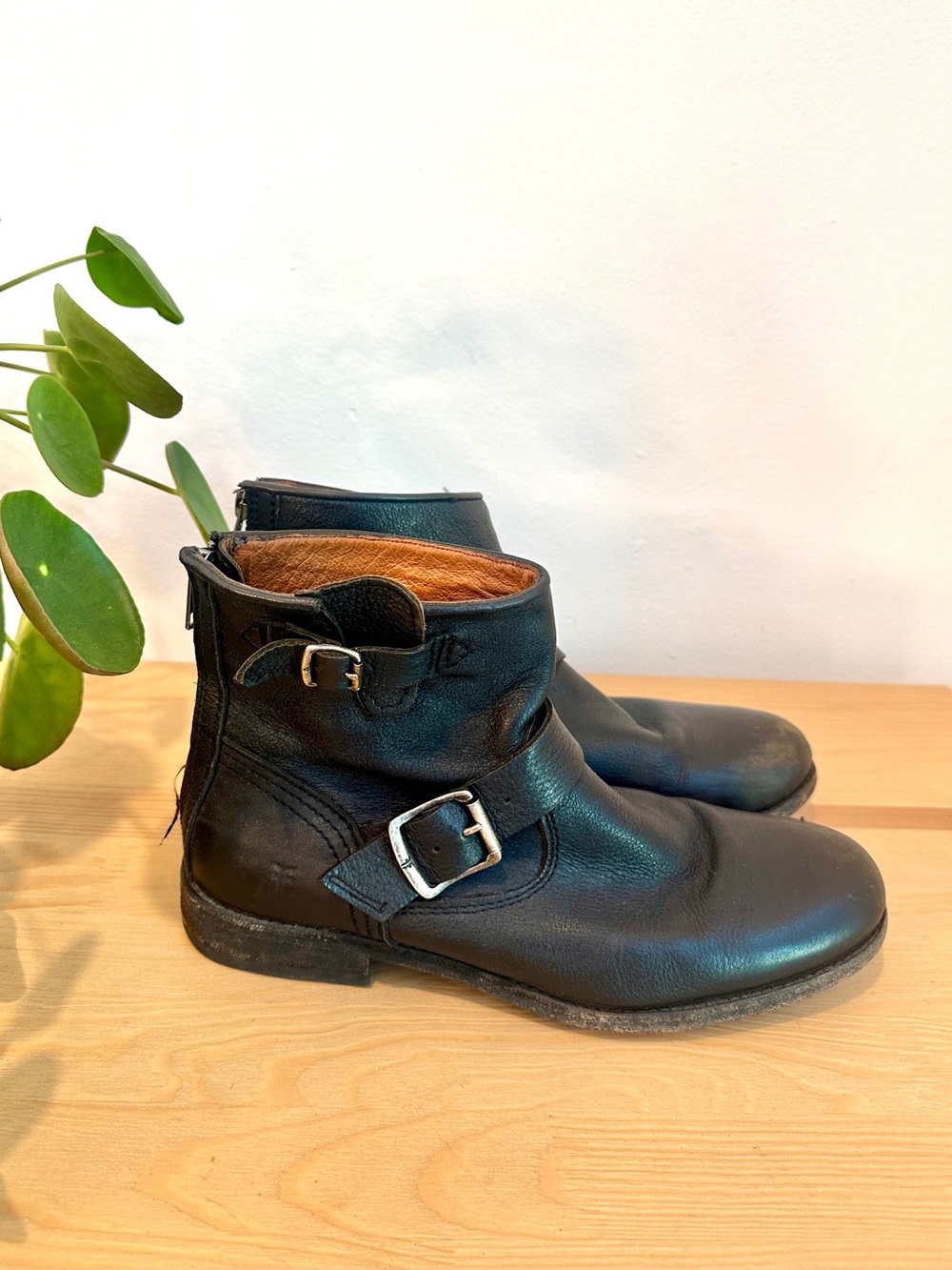 Women’s Frye Black Leather Harness Buckle Ankle Booties